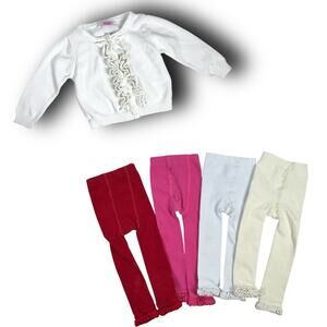 RuffleButts LOT Baby Girls White Ruffled Cardigan Sweater 4 Pairs Tights 18-24 M